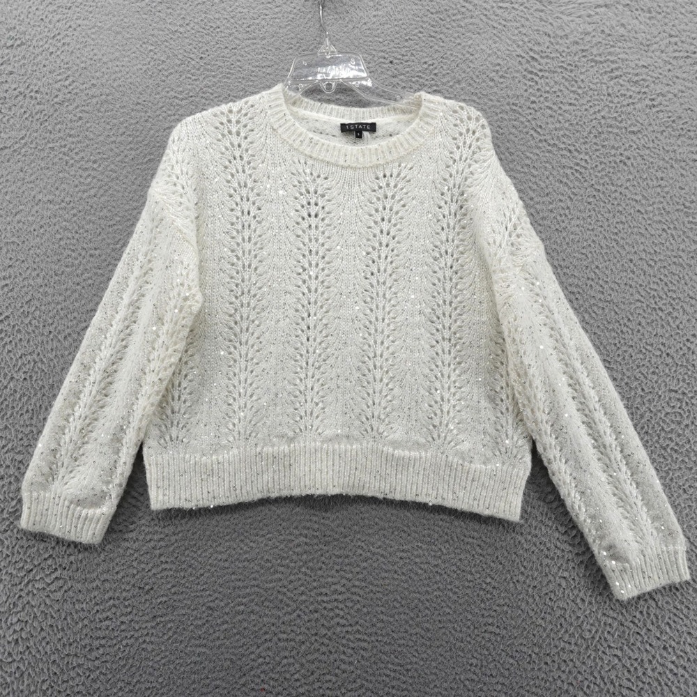 1.STATE Womens Off White Sequin Pointelle Knit Crew Neck Sweater Small NEW